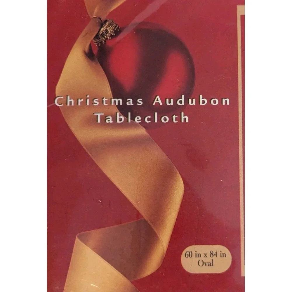 NOS Tablecloth Christmas 90s Cardinals Oval Audubon Cotton 60x84 Fabric Festive